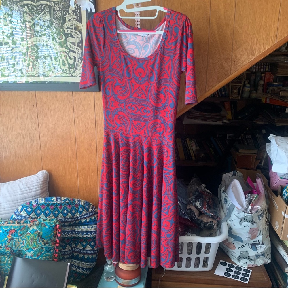 Lularoe Nicole Dress Multicolor Print Red Blue Swirl Pattern Size S